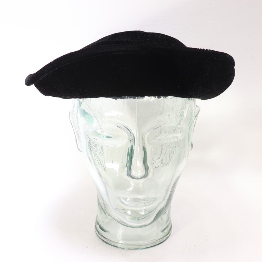 Vintage 50s Hat Cap Women M L Black Velvet Pleated Offset Saucer Evening Formal